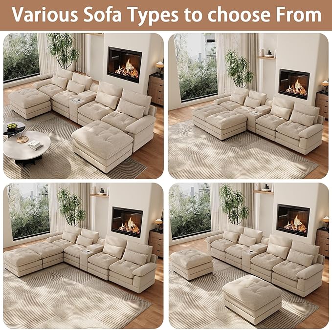 134"U Shaped Sectional Couches for Living Room, Oversized Modular Sectional Fluffy Couch with 2 Ottoman & Storage Console,Modern 6 Seat Living Room Sofa with Glitter Fabric,Tufted Buttons, Camel