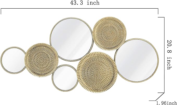 Oakrain Home Decor Metal Wall Decor with Multi Circle Plates Mirror, Large Modern Wall Art Sculpture Decor for Living Room, Office, Bedroom, 43.3 X 1.9 X 20.9 Inches, Gold
