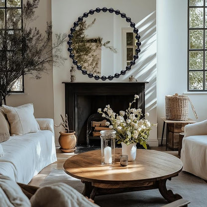 Round Black Mirror 28'', Spherical Frame Round Mirror for Living Room, Beaded Mirror for Bathroom, Dining Roon, Bed Room, Entryway