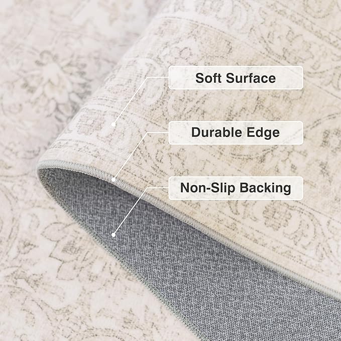FMFUNCTEX 9x12 Washable Area Rug Neutral Beige Vintage Distressed Oriental Non Slip Low Pile Floral Rug for Living Room Bedroom Cream Traditional Soft Thin Retro Indoor Carpet for Dining Room Office