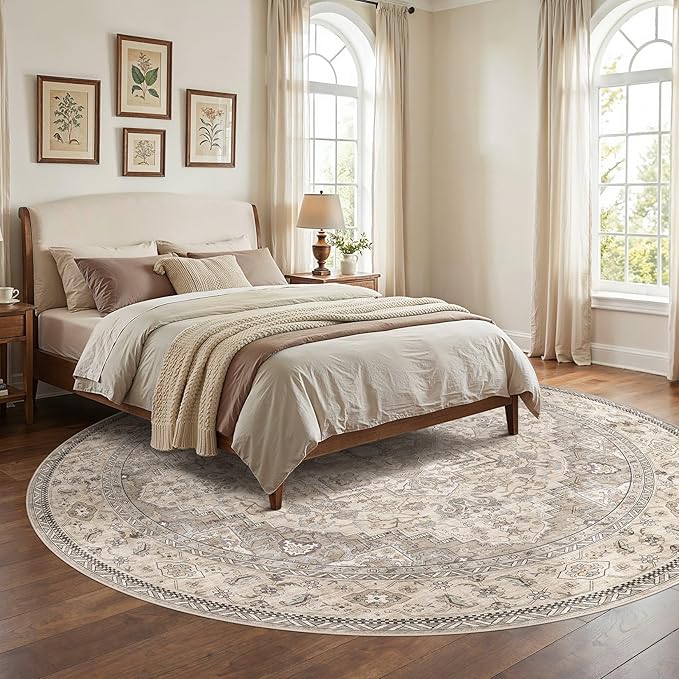 EIEIHOUSE 8ft Round Rugs for Living Room - Washable Neutral Vintage Distressed Farmhouse Large Soft Floor Area Rug Indoor Carpet for Bedroom Dining Room Office - Brown/Multi