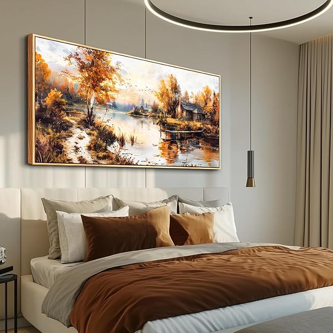 QIYILEXWART Large Wall Decor For Living Room Canvas Wall Art For Office Modern Wall Decorations For Bedroom Lakeside Cabins Autumn Landscape Painting Farmhouse Pictures Artwork Home Decor 24x48