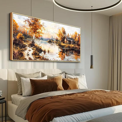 QIYILEXWART Large Wall Decor For Living Room Canvas Wall Art For Office Modern Wall Decorations For Bedroom Lakeside Cabins Autumn Landscape Painting Farmhouse Pictures Artwork Home Decor 24x48