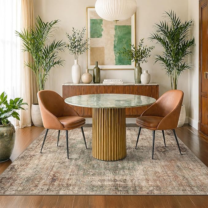 Brown and Green Rug for Living Room, Washable 5x7 Modern Abstract Area Rug for Bedroom, Foyer, Indoor Entryway, Home Office, Low Pile & Stain Resistant