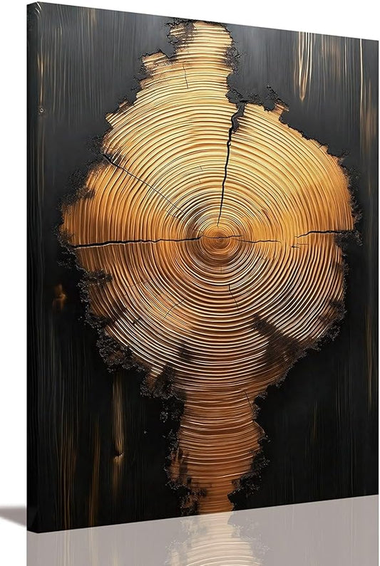 IBHJSART Framed Tree Ring Canvas Wall Art Black And Gold Wall Art Prints Modern Minimalist Pictures Neutral Nature Rustic Farmhouse Decor Living Room Bedroom Bathroom Office.