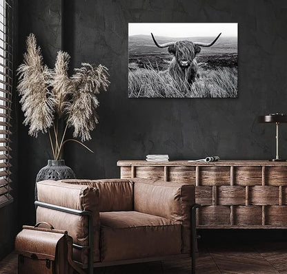 Highland Cow Wall Art Canvas Black and White Artwork Canvas Picture Highland Cow Prints Paintings Wall Decor Framed for Living Room Bathroom (28x44 inch)