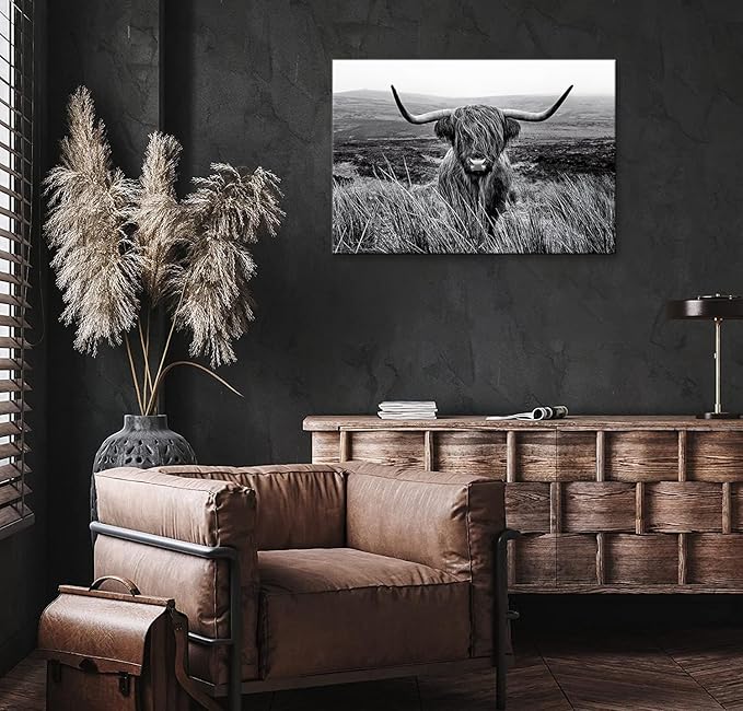 Highland Cow Wall Art Canvas Black and White Artwork Canvas Picture Highland Cow Prints Paintings Wall Decor Framed for Living Room Bathroom (20x30 inch)