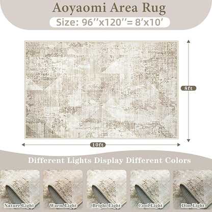 Area Rug Living Room Rugs 8x10 - Large Soft Boho Geometric Rug, Non-Slip Foldable Washable Rugs Non Shedding Morden Indoor Floor Carpet for Living Bedroom Office Dining Room(Neutral Beige, 8'x10')