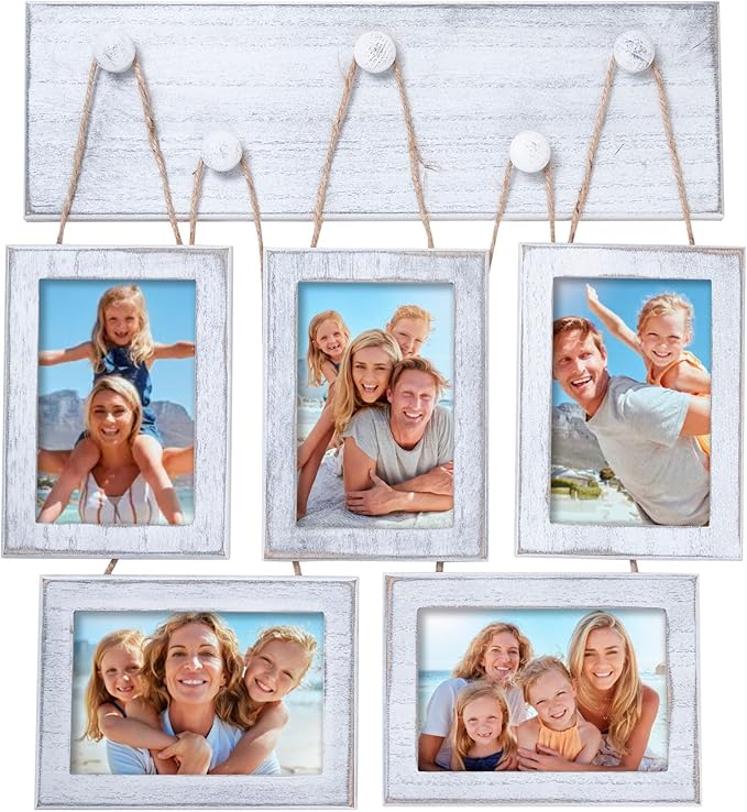 4x6 Picture Frames Collage for Wall Set of 5, Rustic Farmhouse Distressed Solid Wood Photo Frames, White Vintage Wooden Frames for Wall & Tabletop Display, Gallery Wall Decor for Living Room Bedroom