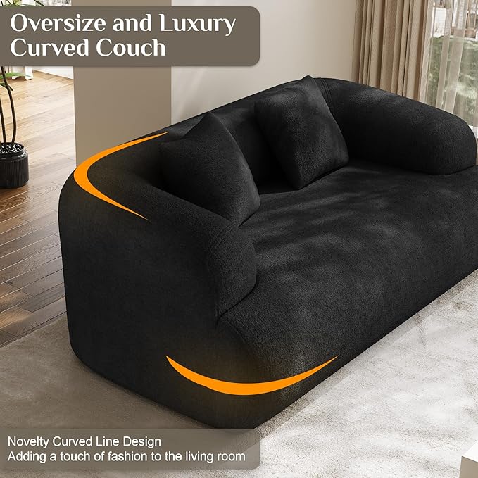 75" Boneless Cloud Loveseat, Modern Cute Curved Chenille Sofa, 2 Seater Compression Couch with 2 Pillows, No Assembly Required for Apartment Living Room, Black