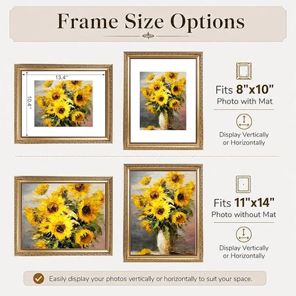 JCJMY 11x14 Vintage Picture Frame with 8x10 Mat Set of 4, Elegant Retro 11 by 14 Photo Frame with Shatter-Resistant Plexiglass for Wall Hanging, Gallery Decor & Gift, Gold, 4 Pack