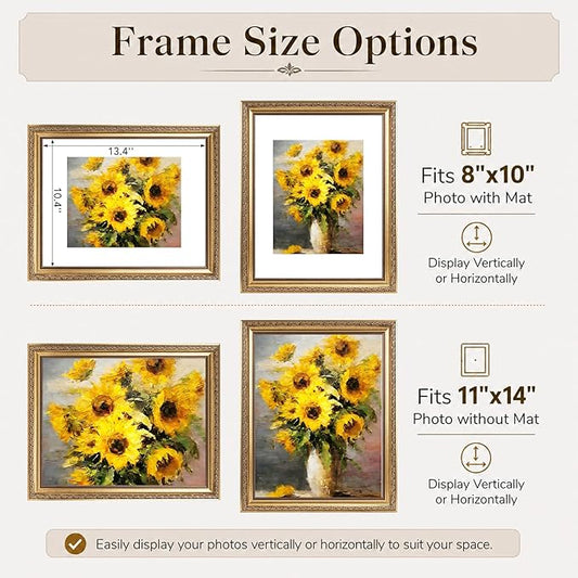 JCJMY 11x14 Vintage Picture Frame with 8x10 Mat Set of 4, Elegant Retro 11 by 14 Photo Frame with Shatter-Resistant Plexiglass for Wall Hanging, Gallery Decor & Gift, Gold, 4 Pack