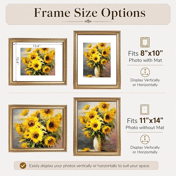 JCJMY 11x14 Vintage Picture Frame with 8x10 Mat Set of 2, Elegant Retro 11 by 14 Photo Frame with Shatter-Resistant Plexiglass for Wall Hanging, Gallery Decor & Gift, Gold, 2 Pack