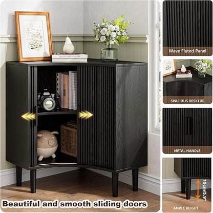 Lxsxlome Fluted Corner Cabinet, Small Corner Floor Cabinet with Sliding Doors and Adjustable Shelves, Modern Wooden Freestanding Narrow Storage Organizer for Small Space,Living Room (Black, 29.5" H)