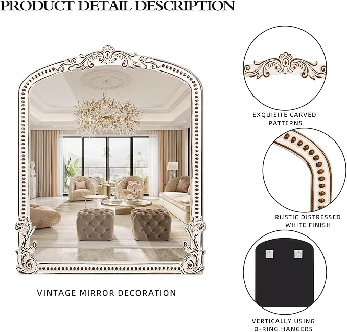 HOITUZYUS Baroque Arched Wall Mirror: 35x30 Inch Rustic Farmhouse Mirror - Ornate Decorative Mirrors for Fireplace, Living Room, Bedroom, Entryway, Bathroom