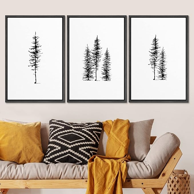 SIGNLEADER Framed Canvas Print Wall Art Three Pine Tree Portraits Nature Flower Drawings Modern Art Zen Scenic Relax/Calm Black and White for Living Room, Bedroom, Office - 16"x24"x3 BLACK