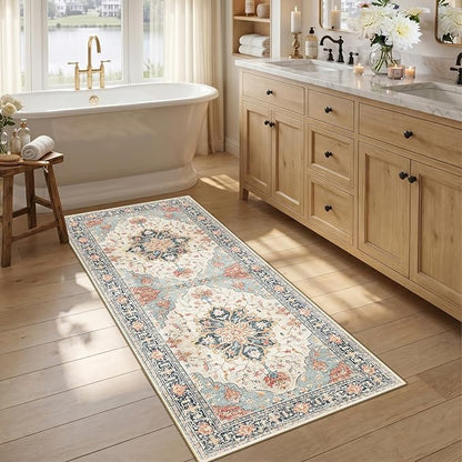 RELEANY Area Rugs 2'6"x5' Runner Rug Non Slip Washable for Kitchen Hallway Bedroom Beside Laundry Room Bathroom Rug, Floor Carpet, Beige Navy Blue Orange Colorful