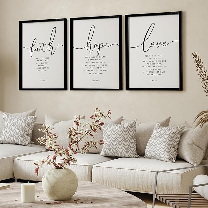 Houmury 3PCS Framed Faith Hope Love Bible Verses Wall Art Farmhouse Religious Quotes Wall Decor Inspirational Wall Art (Black, 16"x24")