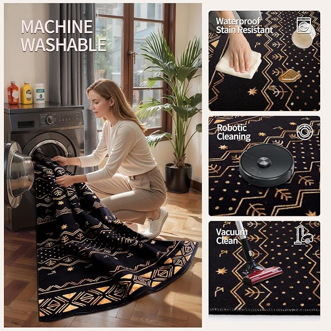 SERISSA 3x5 Area Rugs for Living Room, Washable Non-Slip Black and Gold Small Boho Rug, Soft Low-Pile Geometric Indoor Throw Carpet for Bedroom Kitchen Dining Room Office
