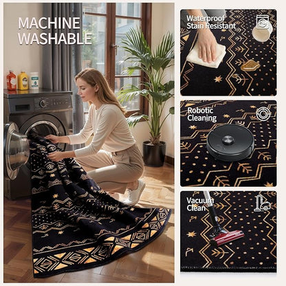SERISSA 8x10 Area Rugs for Living Room, Washable Non-Slip Black and Gold Boho Rug, Soft Low-Pile Geometric Indoor Large Carpet for Dining Room Bedroom Home Office Playroom