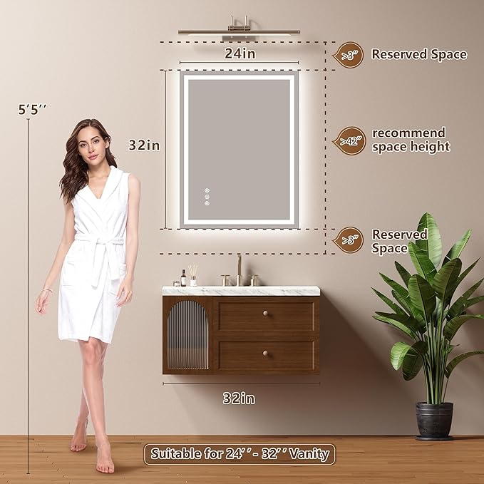 24x32 Inch LED Lighted Bathroom Mirror - Anti-Fog Vanity Mirror with Dimmable Front & Backlit, 3 Color Temp, Smart Memory - Shatterproof HD Glass, IP54 Waterproof Wall Mounted for Makeup Shaving