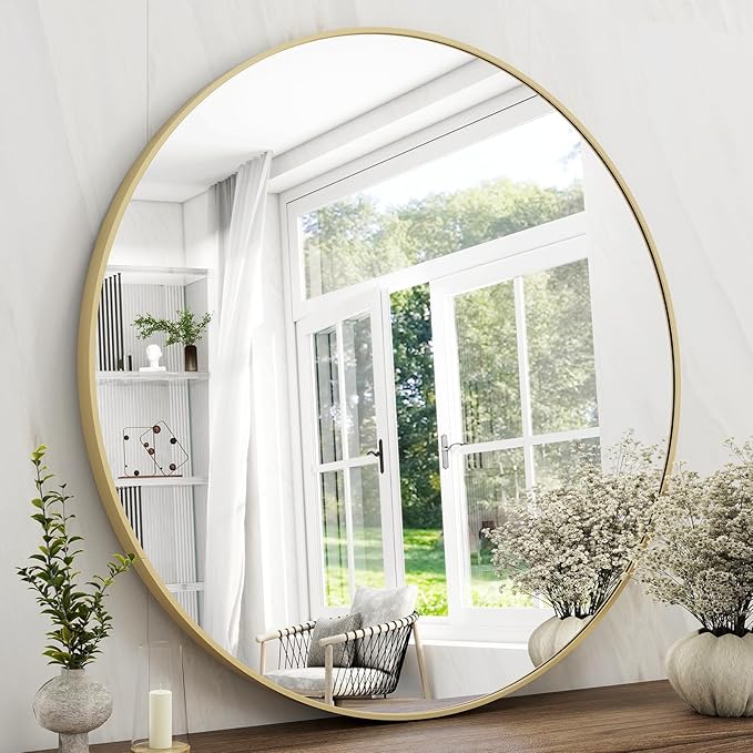 EASLY 32'' Round Mirror, Gold Bathroom Wall Mirror with Metal Frame for Entryway, Living Room, Vanity, Bedroom