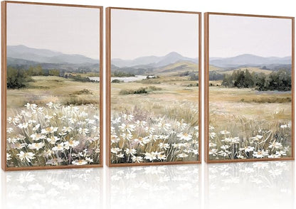 KAIRNE Landscape Canvas Wall Art,Boho Floral Prints Set of 3(24”X36”),Flower Garden Paintings,Wildflower Field Scene Wall Decor,Botanical Art for Living Room Bedroom Kitchen Farmhouse Decor,Framed
