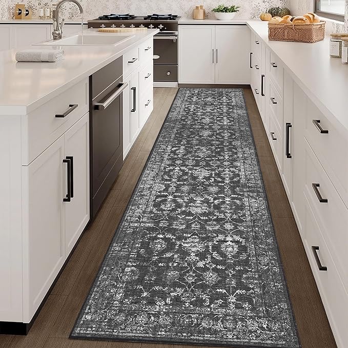 2.6x10 Black Runner Rug Hallway Washable Area Rugs Kitchen Vintage Boho Non Slip Long Rug Floral Carpet Indoor Retro Soft Low Pile Throw Rug for Bedroom Bathroom Laundry Dining Living Room Office
