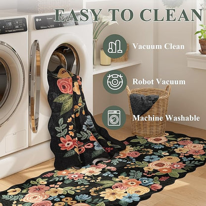 DUKINO 4x6 Area Rug, Floral Non-Slip Indoor Washable Rug with Low Pile & Non-Shedding, Lightwight Boho Design Carpet for Entryway, Bedroom, Kids Room, Living Room, Kitchen, Black