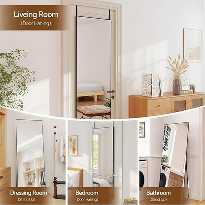 NARCISSUS 57x20 Mirror Door Hanging Full Length Body with Floor Stand or Wall Mounted Metal Aluminum Frame Tempered Glass Rectangle Mirrors for Bedroom Dressing Living Room Bathroom 57 inch Black