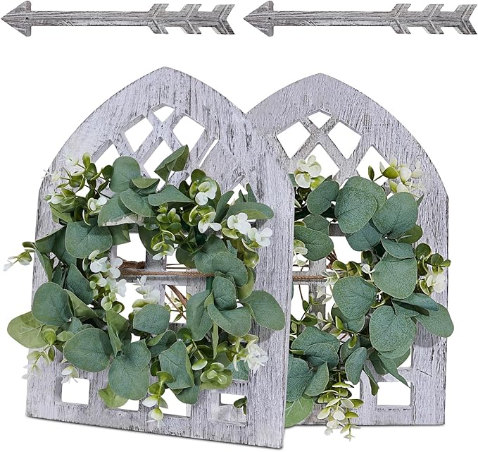 WAKOSAN Rustic Wood Window Frame with Green Wreath and Arrows Wall Decor，Farmhouse Window Frame Hanging Decor, Wooden Fake Decoration,Window Pane Wall Decor,Set of 2 (windows white)