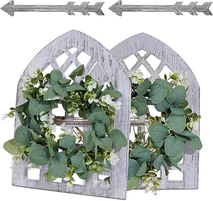 WAKOSAN Rustic Wood Window Frame with Green Wreath and Arrows Wall Decor，Farmhouse Window Frame Hanging Decor, Wooden Fake Decoration,Window Pane Wall Decor,Set of 2 (windows white)