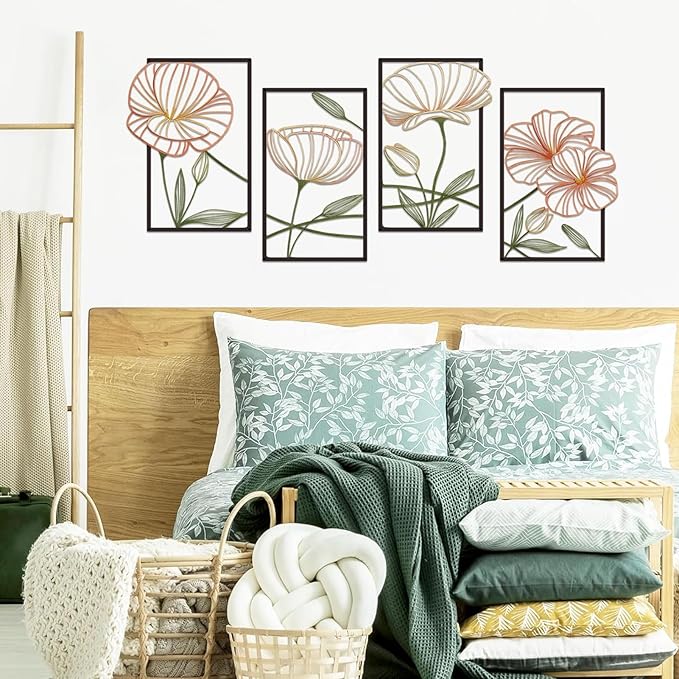 ESTART 4 Pieces Metal Lotus Wall Decor Abstract Floral Aesthetic Splicing Line Art Minimalist Wall Art for Bedroom Flowers Hanging Wall Sculpture for Bathroom Living Room Kitchen Yoga Room (Colorful)