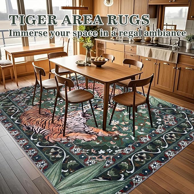 Tiger Washable Area Rugs 6x9 Green, Boho Accent Jungle Rugs for Living Room, Soft Bedroom Area Carpet, Thin Botanical Floor Carpets for Dining Room Nursery Dorm Kids Playroom Farmhouse Office