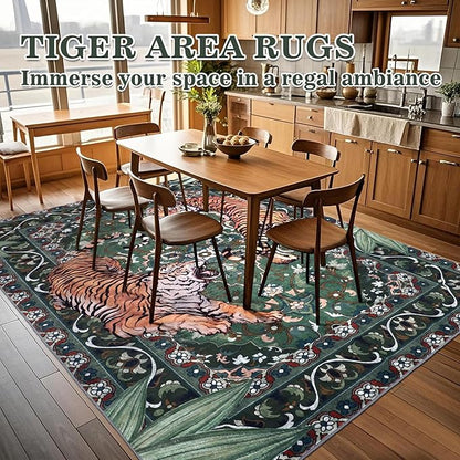 Tiger Washable Area Rugs 6x9 Green, Boho Accent Jungle Rugs for Living Room, Soft Bedroom Area Carpet, Thin Botanical Floor Carpets for Dining Room Nursery Dorm Kids Playroom Farmhouse Office