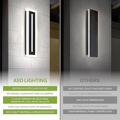 ASD LED 18" Long Wall Mount Light Fixture, Outdoor & Indoor Linear Sconce | 3CCT, Dimmable, Waterproof, Anti-Rust, ETL Listed | 18W 1180LM 3000-5000K 100-277V | Exterior Porch Lighting | Black