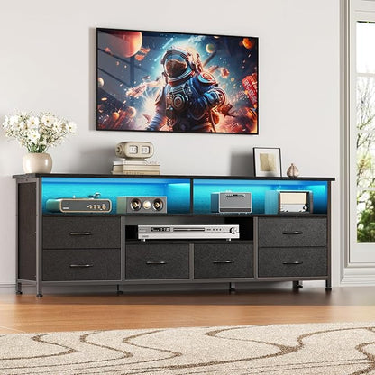 Furologee 55 Inch TV Stand, Entertainment Center with Power Outlets and LED Lights for 55 60 Inch TVs, Media Console Table Dresser with 6 Fabric Drawers, for Bedroom, Living Room, Black