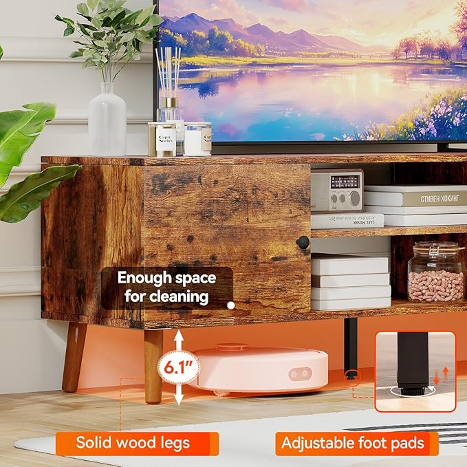 FDW TV Stand for 55 60 Inch TVs,Entertainment Center with 2 Storage Cabinets and Open Shelves, Modern Media Console Table for Living Room, Bedroom, Home Office,Brown