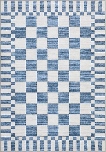 GarveeHome 8×10 Area Rugs for Living Room,Dark Blue Checkered Rug，Modern Non-Slip Washable Farmhouse Geometric Checkerboard Rugs for Bedroom Dining Room Office