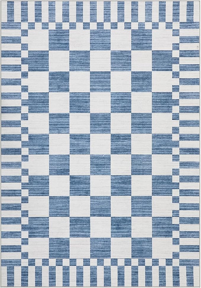 GarveeHome Dark Blue Checkered Rug 6×9 Area Rugs for Living Room,Non-Slip Washable Rug Soft Low-Pile,Neutral Modern Checkerboard Farmhouse Geometric Rugs for Bedroom Dining Room