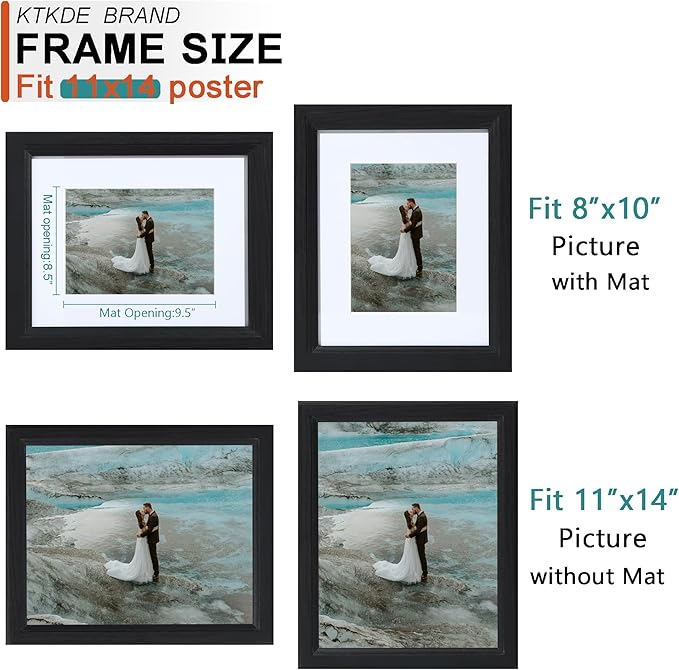 KTKDE 11x14 Picture Frame Real Glass, Display Pictures 8x10 with Mat or 11x14 Without Mat, Modern Style Wood Composite Frame,Gallery Wall Frame Wooden Black ，best gift