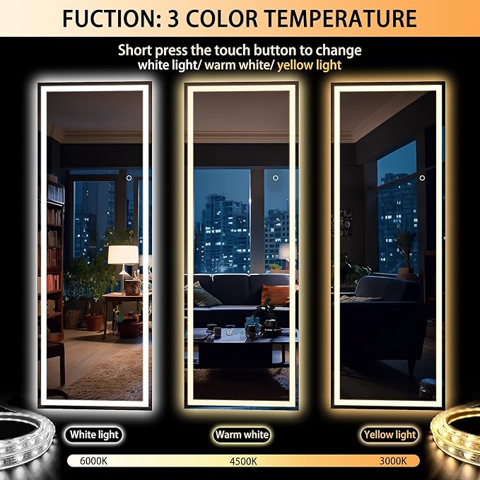 Hasipu Full Length Mirror with Lights, 67" x 22" LED Lighted Floor Standing, Full Body Dressing Hanging Mounted Mirror, Tempered Glass, Square White