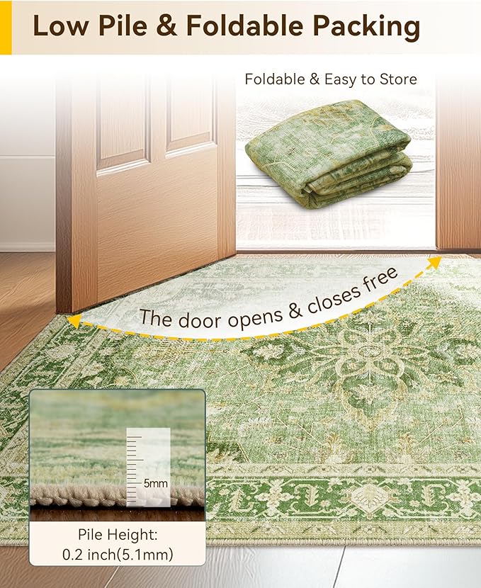 RELEANY Area Rugs 2'x6' Runner Rug Non Slip Washable for Kitchen Hallway Bedroom Beside Laundry Room Bathroom Rug, Floor Carpet, Sage Green Yellow