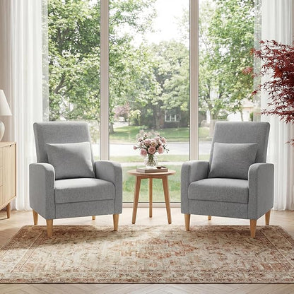 COLAMY Mid-Century Modern Upholstered Accent Chair with Back Pillow & Solid Wood Legs, Fabric Cozy Armchair for Living Room, Bedroom, Reading Nook, Apartment & Small Spaces, Lightgrey