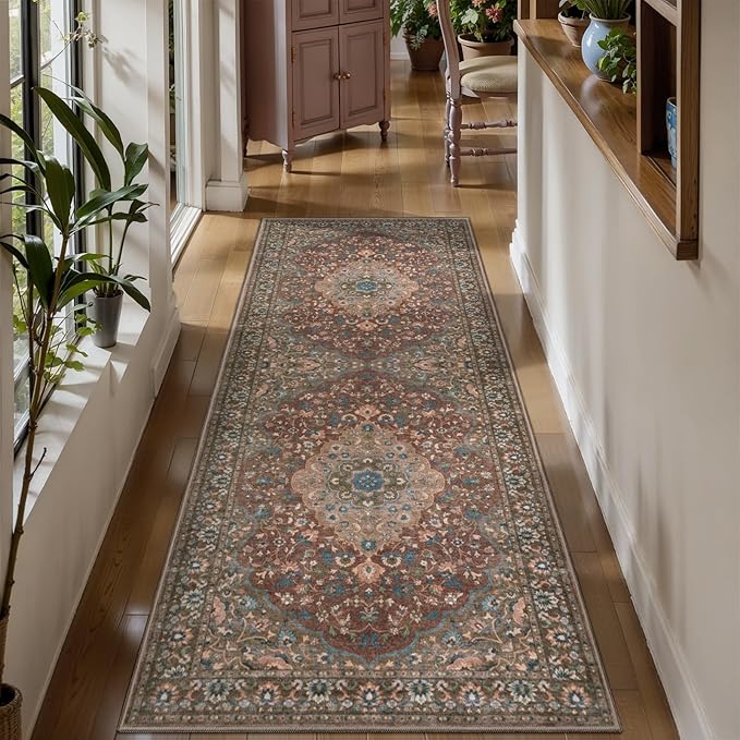 Tangsoo Vintage 2x6 Washable Runner Rug for Hallways,Red Brown Non-Slip Low Pile Long Rug Runner,Floral Soft Indoor Carpet Runner for Kitchen Bedroom Entryway Laundry