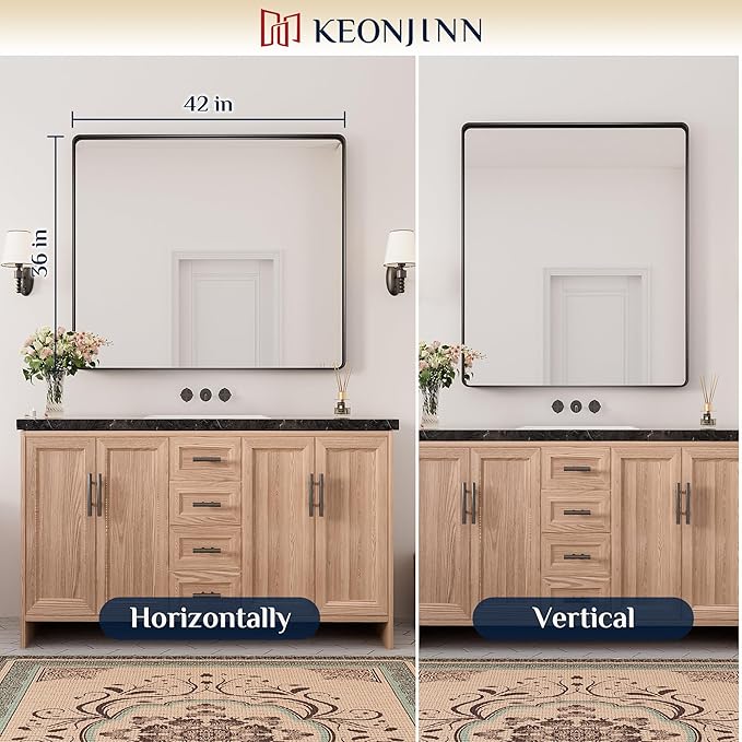 Keonjinn Black Bathroom Mirror for Over Sink, 42 x 36 Inch Large Rounded Rectangle Bathroom Vanity Mirror, Matte Black Sandblasted Finish, HD Tempered Glass, Seamless Aluminum Alloy Frame Mirror