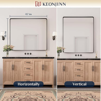 Keonjinn Black Bathroom Mirror for Over Sink, 42 x 36 Inch Large Rounded Rectangle Bathroom Vanity Mirror, Matte Black Sandblasted Finish, HD Tempered Glass, Seamless Aluminum Alloy Frame Mirror