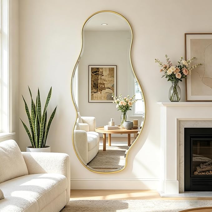 POZINO Large Irregular Mirror, 63"x28.5" Asymmetrical Metal Frame Mirror with Beveled Edge, Premium Organic Wall Mirrors for Living Room Bedroom Hallway Entryway, Horizontal/Vertical Hanging