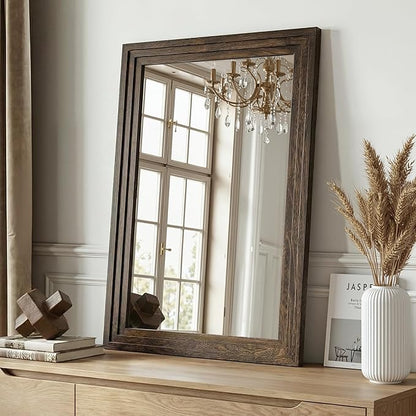 Wood Framed Mirrors for Wall, Brown Bathroom Vanity Mirror for Over Sink 20 x 30, Rustic Wall Mirror for Bathroom Sink Hallway Entryway Bedroom Living Room Farmhouse Boho Style
