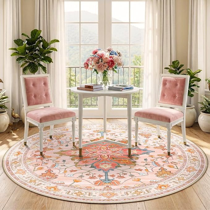 RELEANY Area Rugs Round 5ft Washable Non-Slip, Floral Vintage Distress Print Pattern Medallion Carpet for Living Room Bedroom Dining Room, Light Pink Colorful